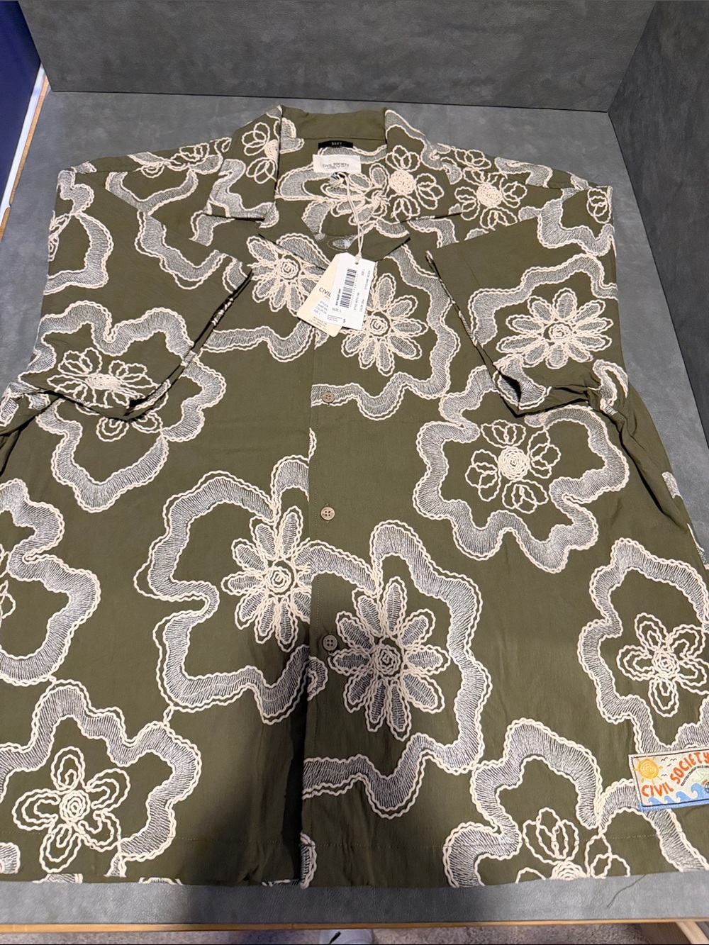 Olive Green Floral Embroidered Button-Down Shirt
